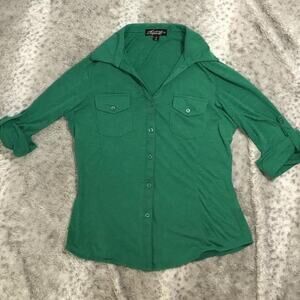Absolutely Famous! Size Small Green Collared V-Neck Button Up Soft Comfy Blouse